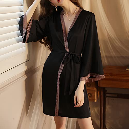 Robes For Women Stain Mesh Black Kimono Nightgown Sexy Deep V Sleepwear Wedding Bridesmaids Bathrobe - Image 5