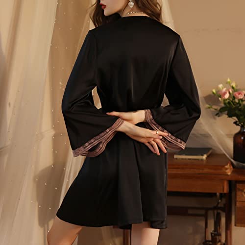 Robes For Women Stain Mesh Black Kimono Nightgown Sexy Deep V Sleepwear Wedding Bridesmaids Bathrobe - Image 6