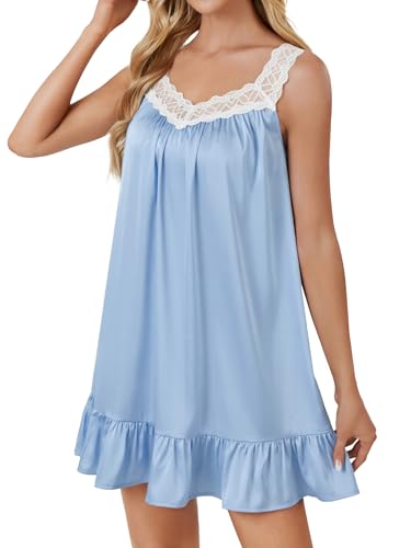 Rooscier Women's Lace Satin Nightgown V Neck Chemise Sleepwear Nightwear Dress - Image 4