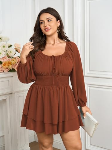 SCOMCHIC Women Plus Size Romper Dress Short Jumpsuit Square Neck Long Sleeve Fall High Waist Ruffle Mini Boho Jumpsuits - Image 3