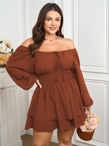 SCOMCHIC Women Plus Size Romper Dress Short Jumpsuit Square Neck Long Sleeve Fall High Waist Ruffle Mini Boho Jumpsuits - Image 4