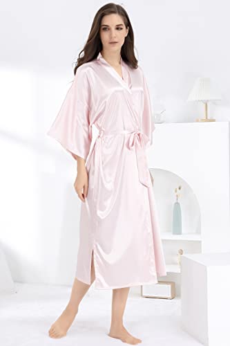 SEALINF Women Bridal Robe Bride Bridesmaid Long Kimono Dressing Gown Sleepwear for Wedding Getting Ready (One Size, Pure-Pink) - Image 3