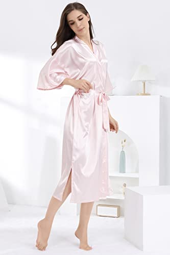 SEALINF Women Bridal Robe Bride Bridesmaid Long Kimono Dressing Gown Sleepwear for Wedding Getting Ready (One Size, Pure-Pink) - Image 4