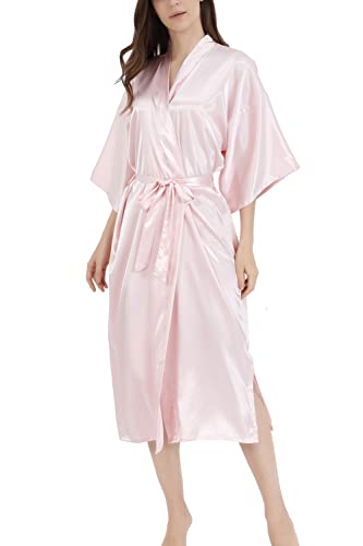 SEALINF Women Bridal Robe Bride Bridesmaid Long Kimono Dressing Gown Sleepwear for Wedding Getting Ready (One Size, Pure-Pink)
