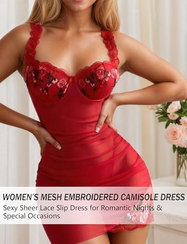 SEAUR Women's Floral Embroidered Mesh Sheer Ruched Nightgowns See Through Bodycon Mini Babydoll Lingerie Set with Thong - Image 3