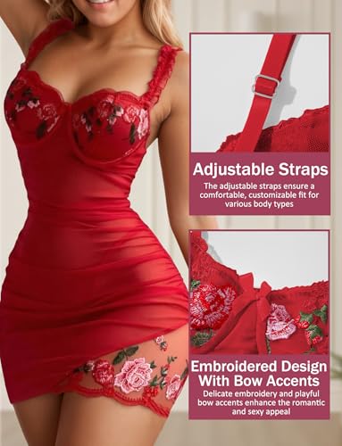SEAUR Women's Floral Embroidered Mesh Sheer Ruched Nightgowns See Through Bodycon Mini Babydoll Lingerie Set with Thong - Image 4