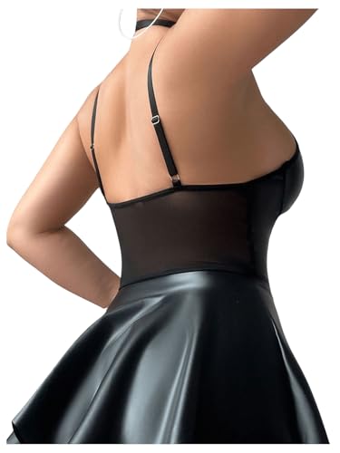 SHENHE Women's 4 Piece PU Leather Garter Lingerie Set Strappy Halter Lingerie Dress and Thong Set - Image 3