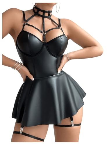 SHENHE Women's 4 Piece PU Leather Garter Lingerie Set Strappy Halter Lingerie Dress and Thong Set - Image 4
