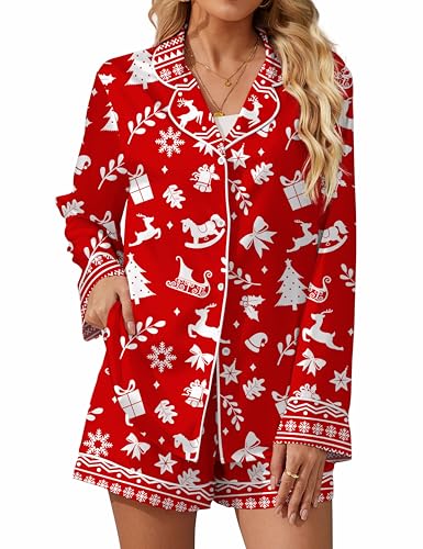 SHESHOW Satin Pajama Set for Women Button Down Long Sleeve Top and Shorts Loungewear Set Funny Print Sleepwear XS-XXL
