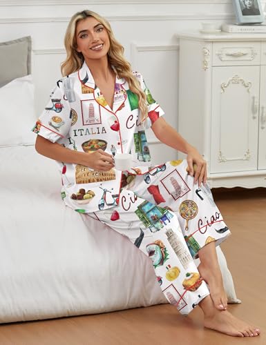 SHESHOW Satin Pajamas for Women Set Button Down Sleepwear Print Pjs Set 2 Piece Short Sleeve Long Loungewear Size XS-XXL - Image 5