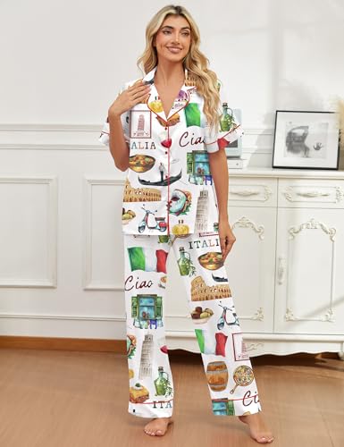 SHESHOW Satin Pajamas for Women Set Button Down Sleepwear Print Pjs Set 2 Piece Short Sleeve Long Loungewear Size XS-XXL - Image 6