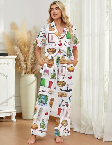 SHESHOW Satin Pajamas for Women Set Button Down Sleepwear Print Pjs Set 2 Piece Short Sleeve Long Loungewear Size XS-XXL - Image 7