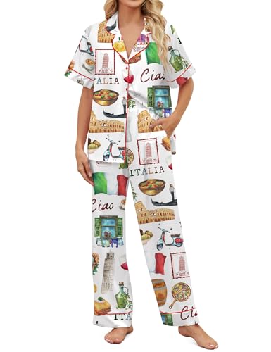 SHESHOW Satin Pajamas for Women Set Button Down Sleepwear Print Pjs Set 2 Piece Short Sleeve Long Loungewear Size XS-XXL