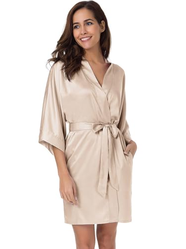 SIORO Women's Satin Robe, Short Bathrobe with V-Neck, 3/4 Sleeves Robe for Bride & Bridesmaids, Wedding Party Sleepwear - Image 3