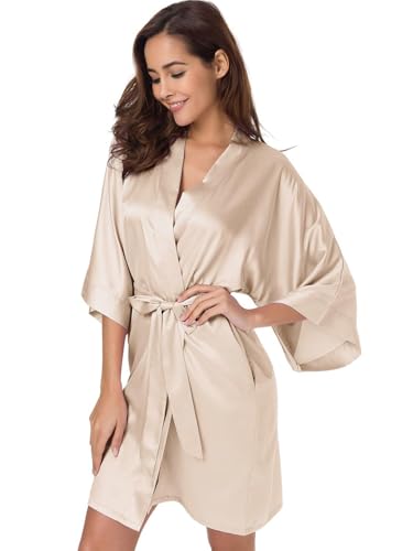 SIORO Women's Satin Robe, Short Bathrobe with V-Neck, 3/4 Sleeves Robe for Bride & Bridesmaids, Wedding Party Sleepwear - Image 4