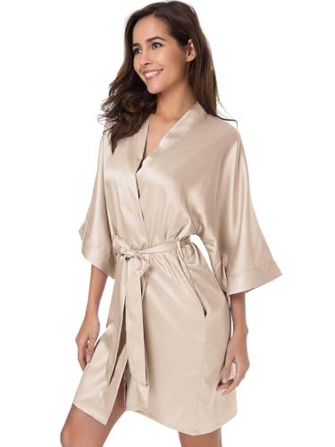 SIORO Women's Satin Robe, Short Bathrobe with V-Neck, 3/4 Sleeves Robe for Bride & Bridesmaids, Wedding Party Sleepwear - Image 5