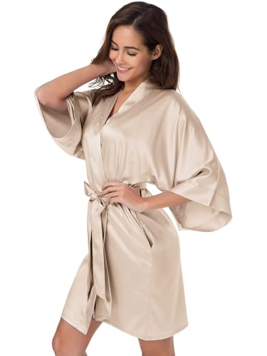 SIORO Women's Satin Robe, Short Bathrobe with V-Neck, 3/4 Sleeves Robe for Bride & Bridesmaids, Wedding Party Sleepwear
