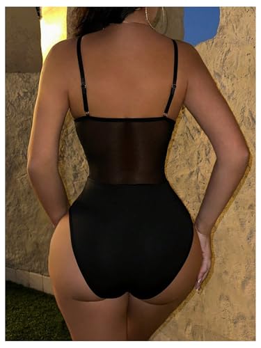SOLY HUX Women's Mesh Sheer Bodysuit Sparkly Cut Out Spaghetti Strap Cami Bodysuits Tops - Image 3