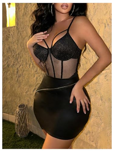 SOLY HUX Women's Mesh Sheer Bodysuit Sparkly Cut Out Spaghetti Strap Cami Bodysuits Tops - Image 4