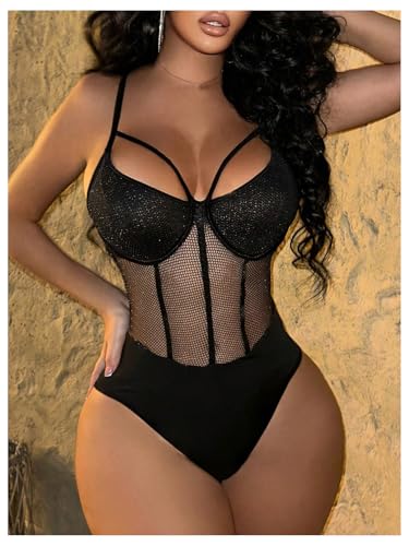 SOLY HUX Women's Mesh Sheer Bodysuit Sparkly Cut Out Spaghetti Strap Cami Bodysuits Tops - Image 6
