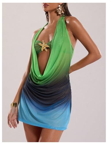 SOLY HUX Women's Y2k Halter Mini Dress Ombre Deep Cowl Neck Backless Bodycon Beach Dresses Vacation Outfit - Image 3