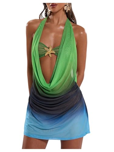 SOLY HUX Women's Y2k Halter Mini Dress Ombre Deep Cowl Neck Backless Bodycon Beach Dresses Vacation Outfit