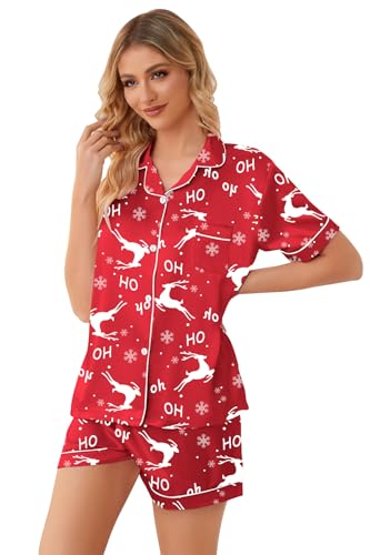 Schbbbta Women Pajamas Set, 2 Pieces Satin Silk Button Down Pjs Short Sleeve Outfits Loungewear