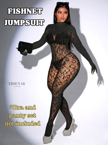 Alternative view of Sexy Lace Leopard Jumpsuit For Women, Fishnet Bodysuit Glow Party Club, Poster One Piece Mesh Full Body Rave Outfits