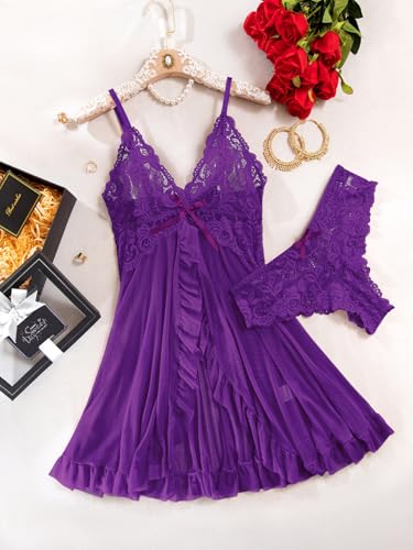 Sexy Open Front Ruffle Sheer Mesh Lace Wireless Babydoll Lingerie Dress with Thong 2 Piece - Image 3