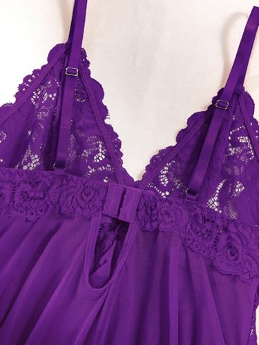 Sexy Open Front Ruffle Sheer Mesh Lace Wireless Babydoll Lingerie Dress with Thong 2 Piece - Image 6