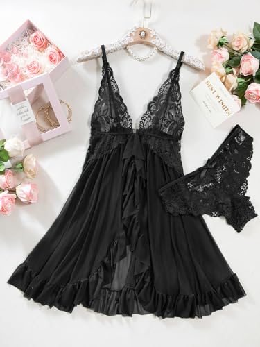 Sexy Open Front V Neck Ruffle Sheer Mesh Lace Wireless Babydoll Lingerie Dress with Thong 2 Piece - Image 7