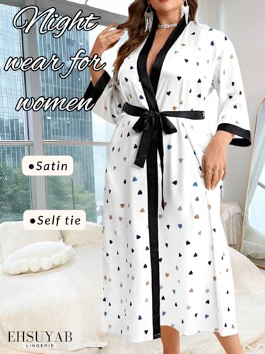 Sexy Plus Size Robe For Women, Fits 12W-20W, Long Silky Satin Robes Valentines Boudoir Sleepwear 2Xl 2X White Heart - Image 3