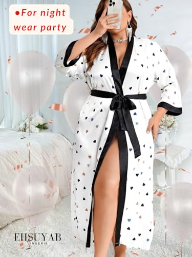 Sexy Plus Size Robe For Women, Fits 12W-20W, Long Silky Satin Robes Valentines Boudoir Sleepwear 2Xl 2X White Heart - Image 5