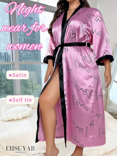 Sexy Plus Size Robe For Women, Fits 12W-20W, Long Silky Satin Robes Valentines Boudoir Sleepwear 3Xl 3X Pink Heart - Image 3