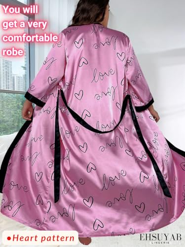Sexy Plus Size Robe For Women, Fits 12W-20W, Long Silky Satin Robes Valentines Boudoir Sleepwear 3Xl 3X Pink Heart - Image 4