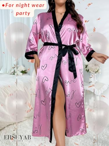 Sexy Plus Size Robe For Women, Fits 12W-20W, Long Silky Satin Robes Valentines Boudoir Sleepwear 3Xl 3X Pink Heart - Image 5