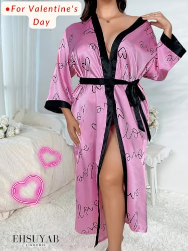 Sexy Plus Size Robe For Women, Fits 12W-20W, Long Silky Satin Robes Valentines Boudoir Sleepwear 3Xl 3X Pink Heart - Image 6