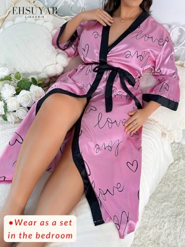 Sexy Plus Size Robe For Women, Fits 12W-20W, Long Silky Satin Robes Valentines Boudoir Sleepwear 3Xl 3X Pink Heart - Image 7