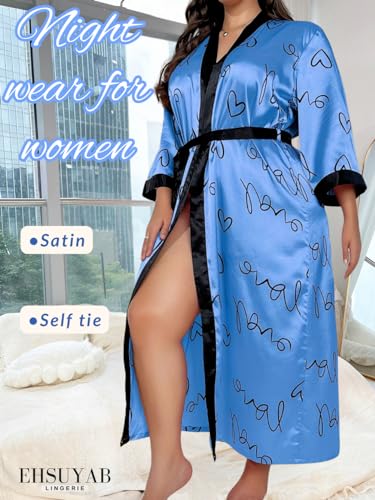 Sexy Plus Size Robe For Women, Fits 12W-20W, Long Silky Satin Robes Valentines Boudoir Sleepwear 4Xl 4X Blue Heart - Image 3