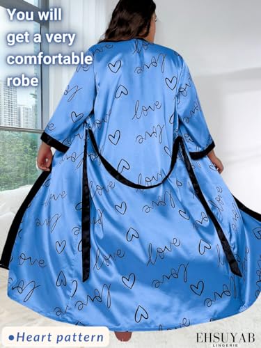 Sexy Plus Size Robe For Women, Fits 12W-20W, Long Silky Satin Robes Valentines Boudoir Sleepwear 4Xl 4X Blue Heart - Image 4