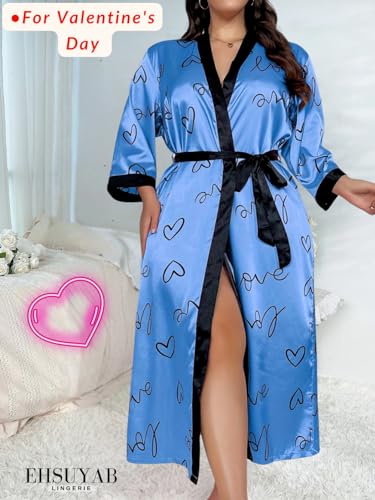 Sexy Plus Size Robe For Women, Fits 12W-20W, Long Silky Satin Robes Valentines Boudoir Sleepwear 4Xl 4X Blue Heart - Image 5