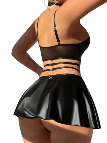 Sexy Strappy Leather Underwire Mini Choker Lingerie Set Skirts Dress with Thong 3 Piece Outfits - Image 3