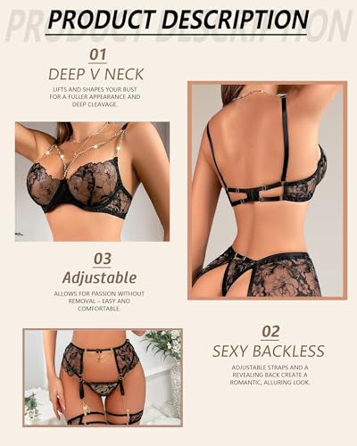 Sexy Women's Lingerie Sets with Garter Belt 3 Piece Teddy Bodysuit with Metal Chains, Push Up Exotic Sleepwear - Image 4