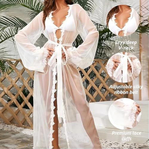Sheer Mesh Sexy Night Gowns for Women, See Through Lingerie with Lace Cuffs for Maternity Shoot, Bridal Robe, Swimwear Wrap - Image 5