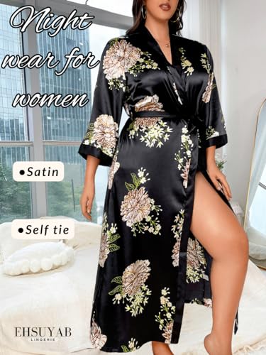 Silk Robes For Women, Sexy Plus Size Satin Robe Valentines V Day Boudoir 4Xl 4X Black Flower - Image 3