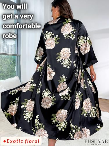 Silk Robes For Women, Sexy Plus Size Satin Robe Valentines V Day Boudoir 4Xl 4X Black Flower - Image 4