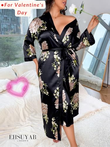 Silk Robes For Women, Sexy Plus Size Satin Robe Valentines V Day Boudoir 4Xl 4X Black Flower - Image 5