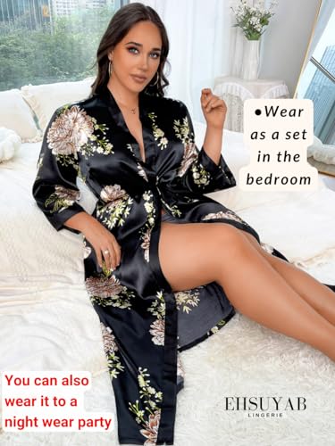 Silk Robes For Women, Sexy Plus Size Satin Robe Valentines V Day Boudoir 4Xl 4X Black Flower - Image 6