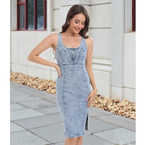Sleeveless Bodycon Denim Summer Dress for Women with Sexy Slit Mini Jean Dresses - Image 4