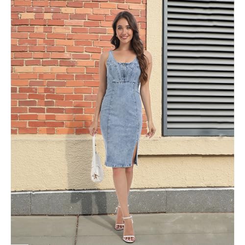 Sleeveless Bodycon Denim Summer Dress for Women with Sexy Slit Mini Jean Dresses - Image 6